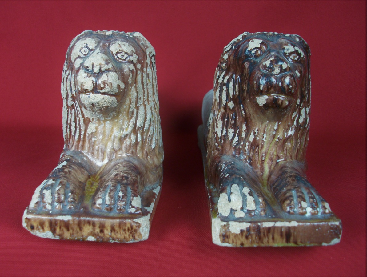 Pair of Antique Italian Terracotta Lions Andirons